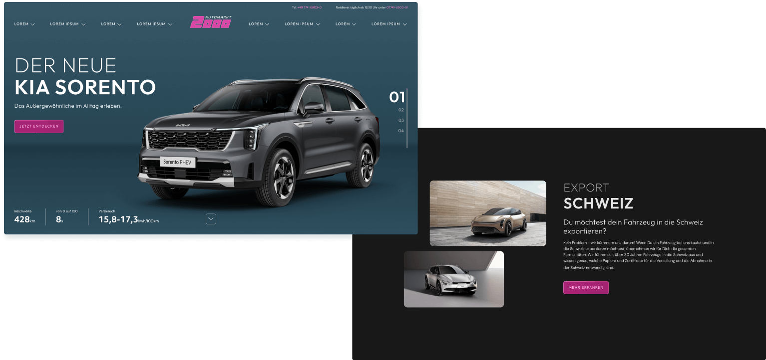 Automarkt 2000 website design, showcasing the hero section and export service layout