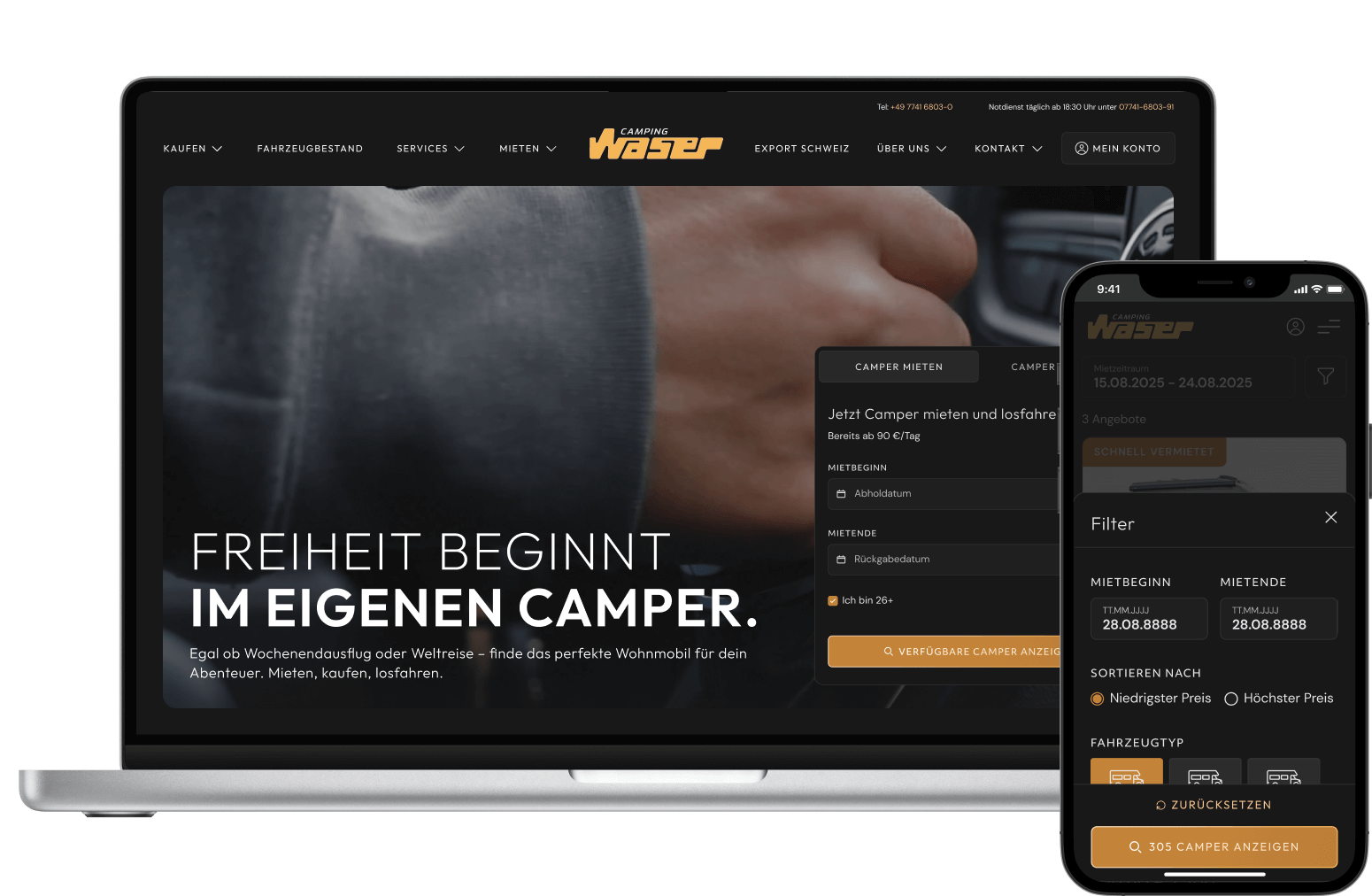 Camping Waser website design showing camper rental interface on laptop and mobile devices