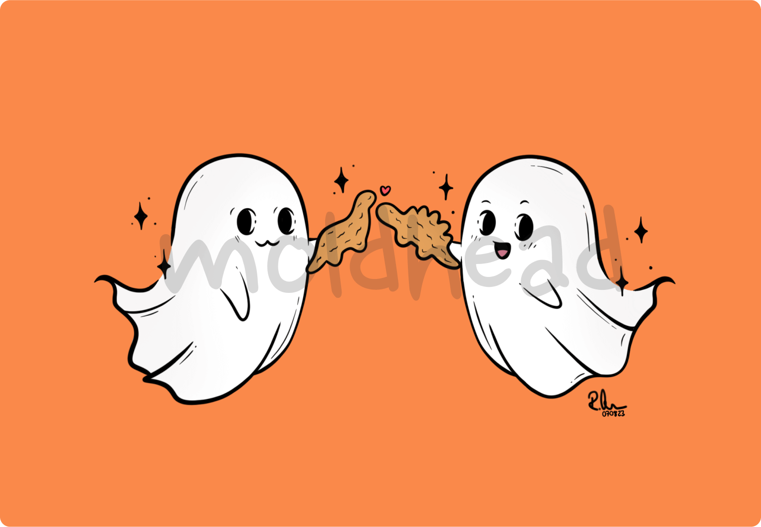 Illustration of two playful ghosts holding Dino Nuggets with a heart in the center, depicting a whimsical and affectionate theme.