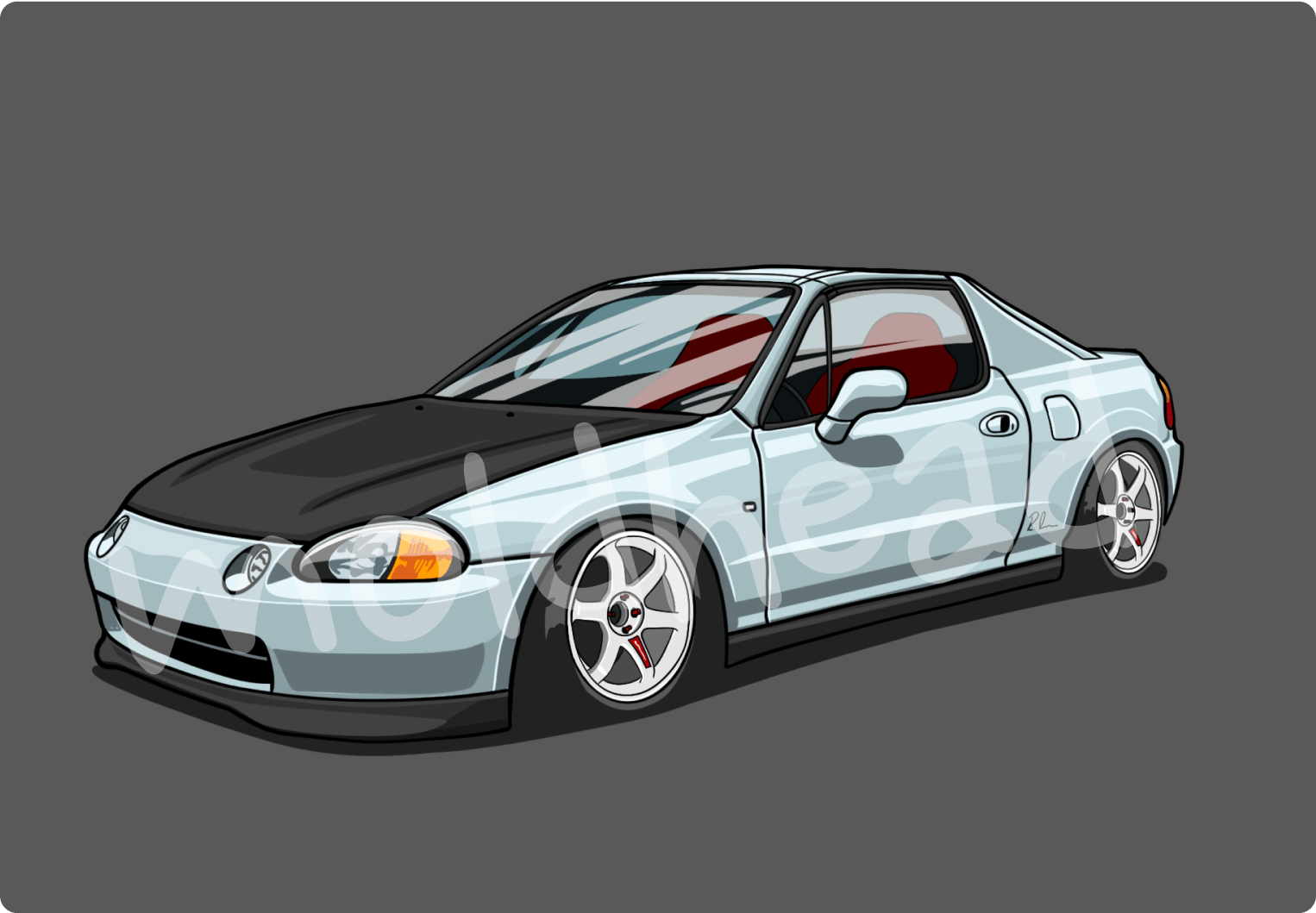 Detailed drawing of a customized Honda Del Sol, showcasing a tuned car with unique and intricate modifications.