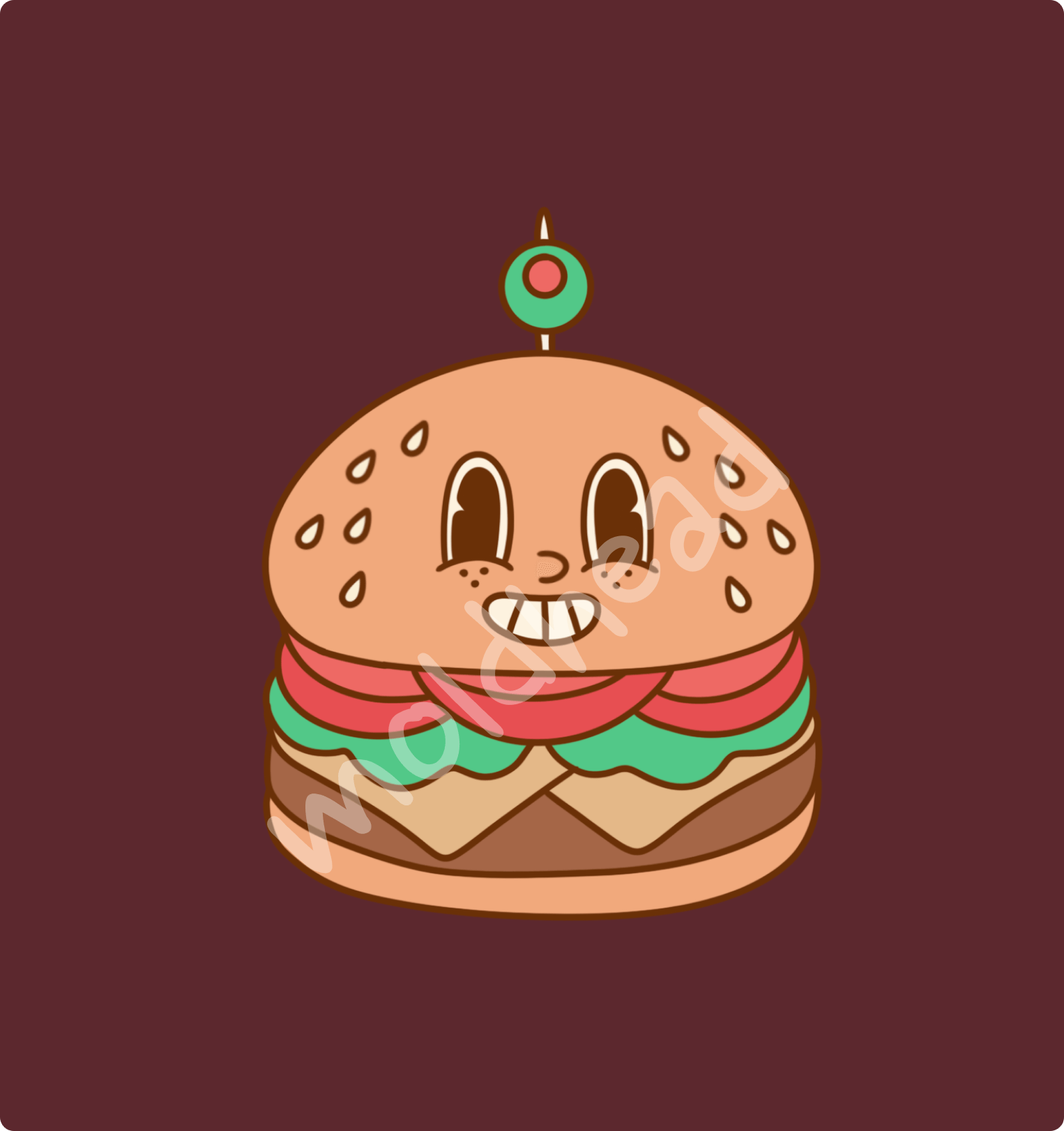 Y2K-style illustration of a burger with a face, inspired by the vintage Mickey Mouse art style.