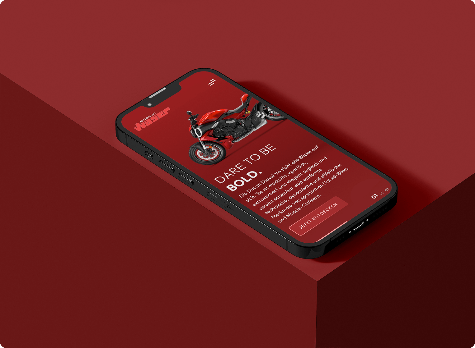 Motorrad Waser mobile website design showcasing Ducati model on red background