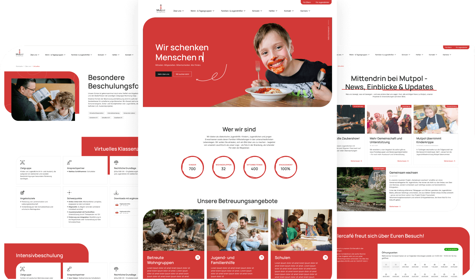 Mutpol website redesign mockups showcasing the homepage, editorial content, and service sections