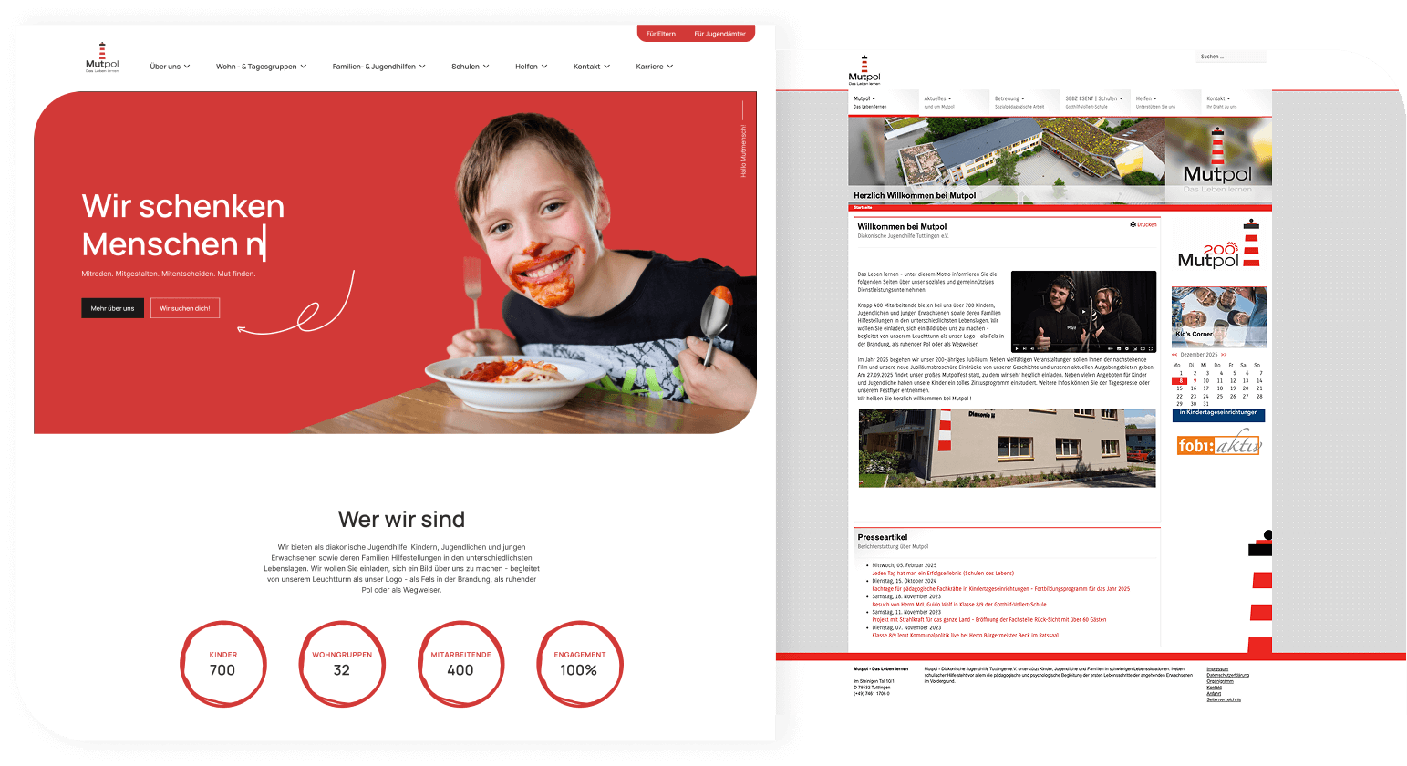 Before and after comparison of the Mutpol website redesign showing the transition from the old layout to the new interface