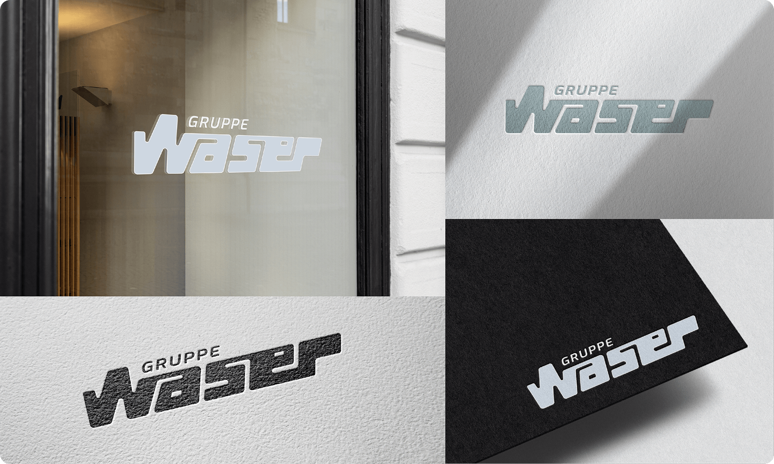 Waser Group logo applications displayed on signage, paper embossing, and business card mockups