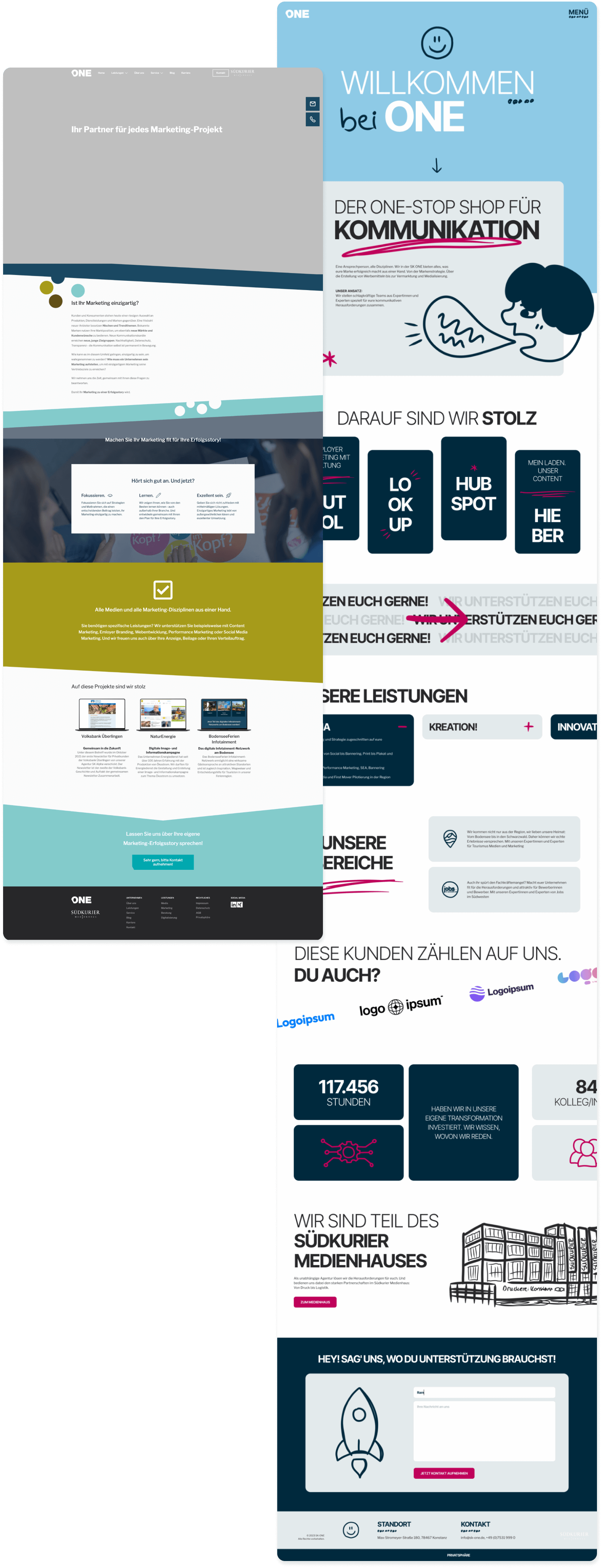 Before and after comparison of the SK One website redesign, highlighting major visual and functional improvements.